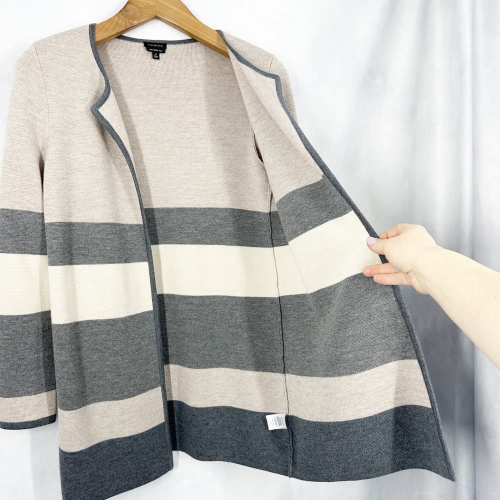 Talbots 100% Merino Wool Neutral Stripe Open Front Cardigan Swearer Size Small - Picture 6 of 13